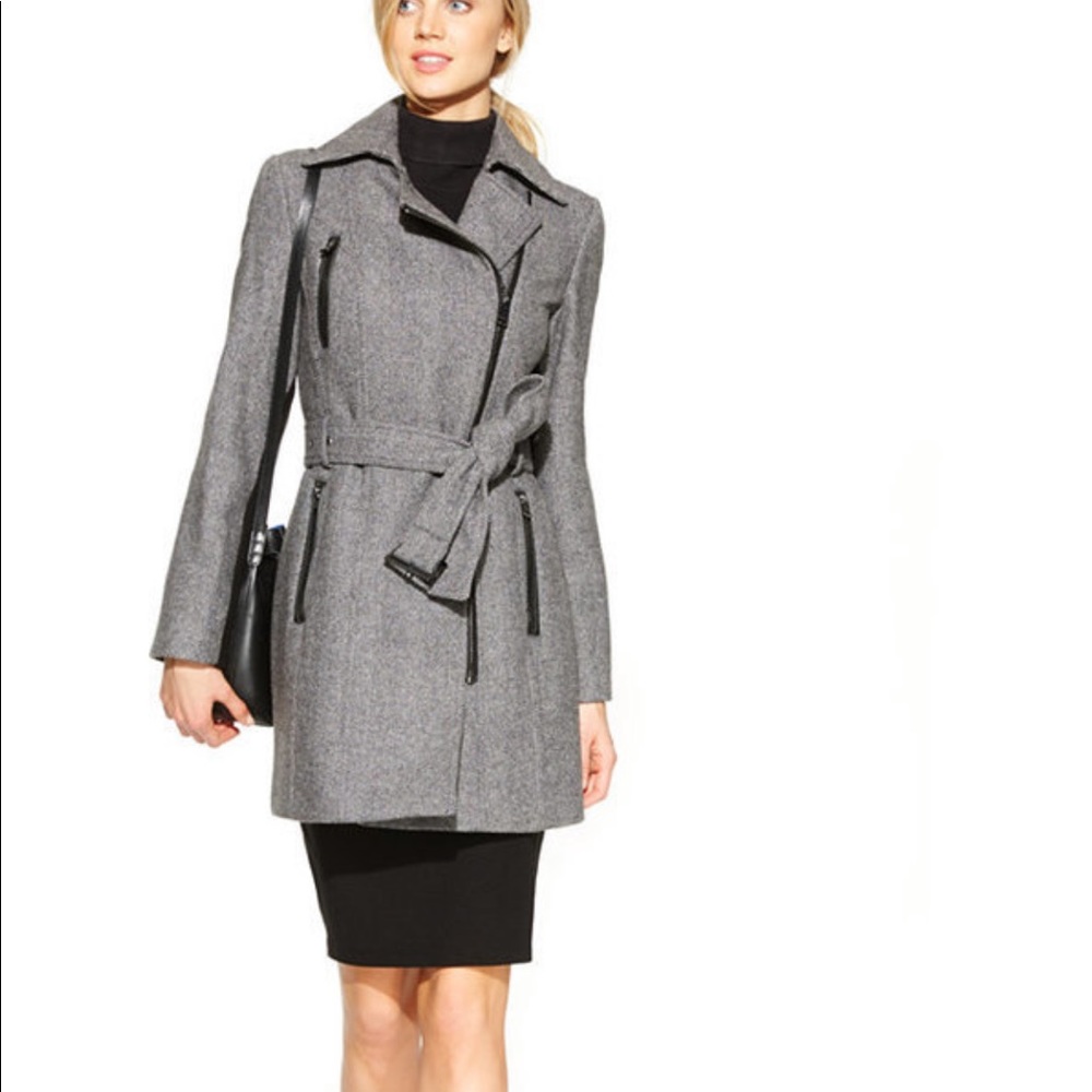 Calvin Klein Asymmetrical Zip Herringbone Coat